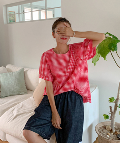 Bronde Check Seersucker Short-sleeve Blouse