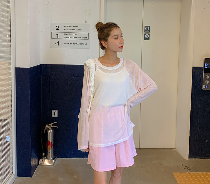 Pony color combination nagrang See-through look Long-sleeve T-shirt