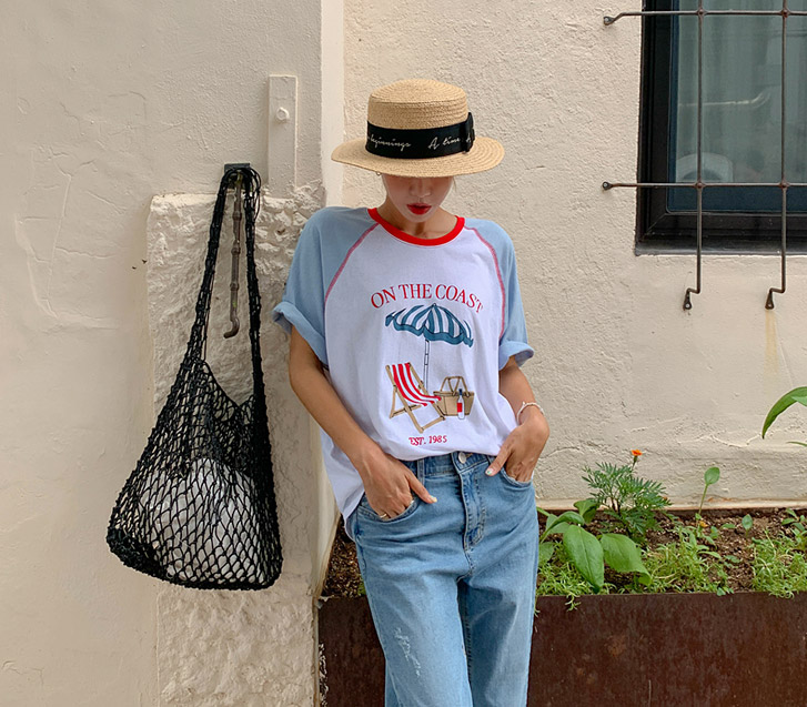 Sunbed Nagrang color combination stitch Short Sleeves T-shirt