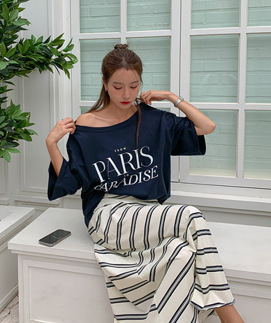 Paris Lettering Off shoulder Short Sleeves T-shirt