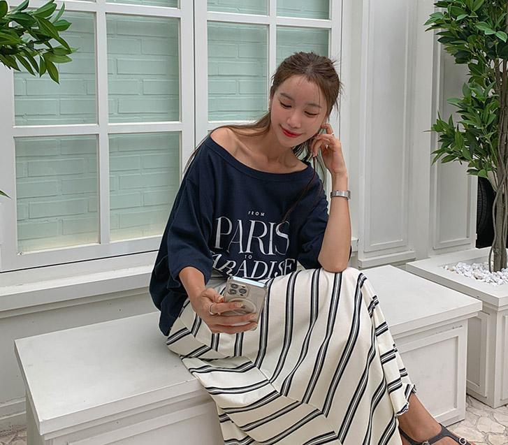 Paris Lettering Off shoulder Short Sleeves T-shirt