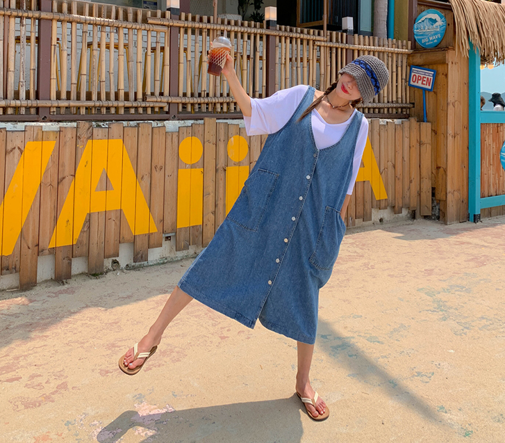 Lead B V-neck Denim Long one piece
