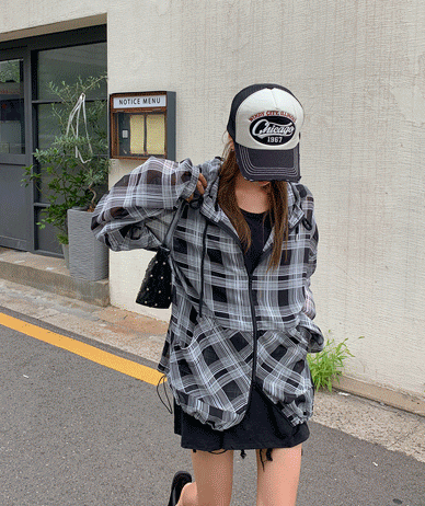 Summer Chiffon Check two-way Hoodies zip up