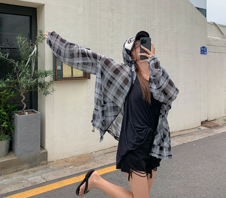 Summer Chiffon Check two-way Hoodies zip up