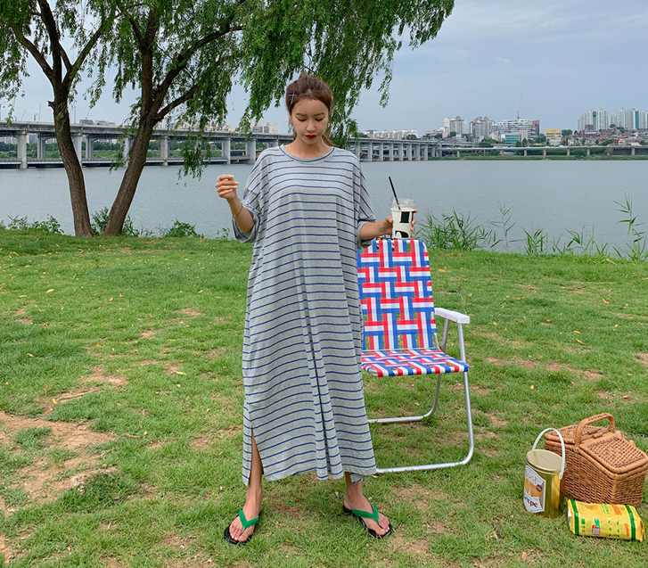 Cherry Dangara Slit Short-sleeve Long one piece