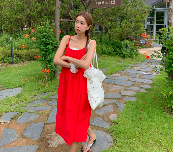 Forcial Cotton Shirring Sleeveless Shirts Long One Piece