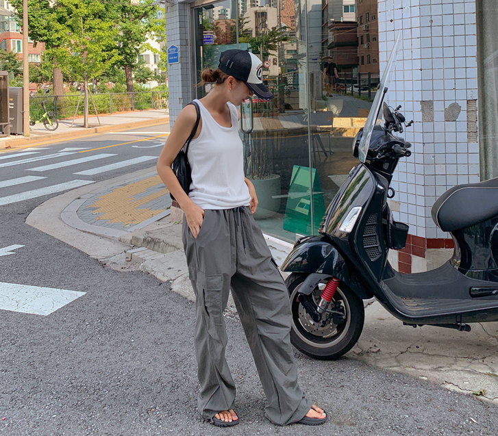 Millie Nylon Pintuck String Cargo Wide Pants