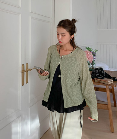 Roien See-through look Linen Long-sleeve Cardigan