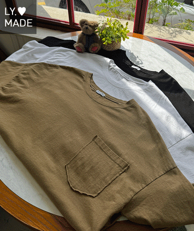 Pecan Washing Pocket Cutting 7/8 Sleeve T-shirt
