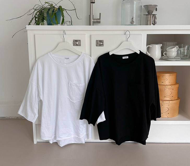 Pecan Washing Pocket Cutting 7/8 Sleeve T-shirt