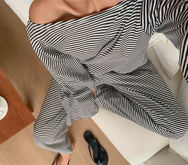 Uneven Neck Single-breasted Long-sleeve Wide Pants Set
