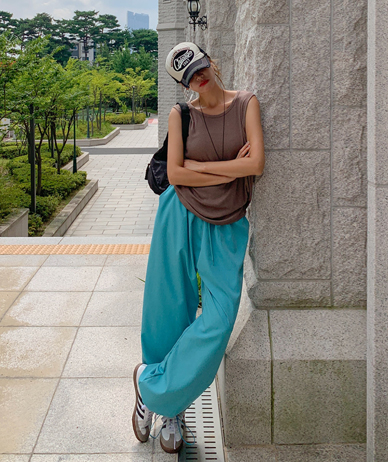 Way Nylon Shirring String Wide Pants