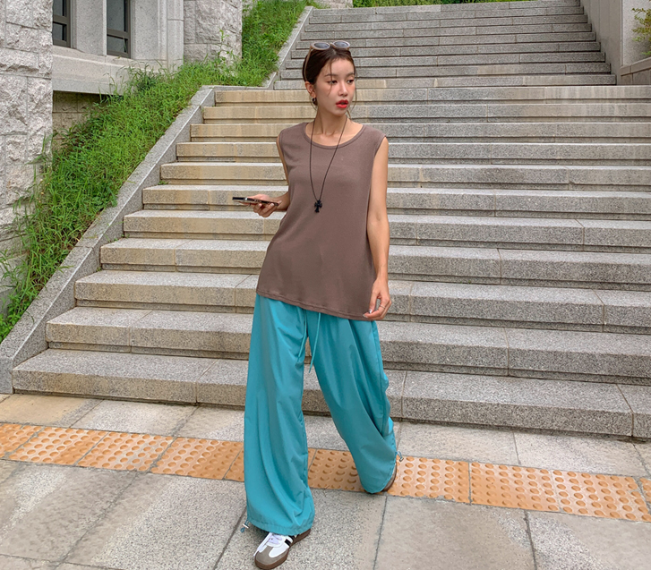 Way Nylon Shirring String Wide Pants