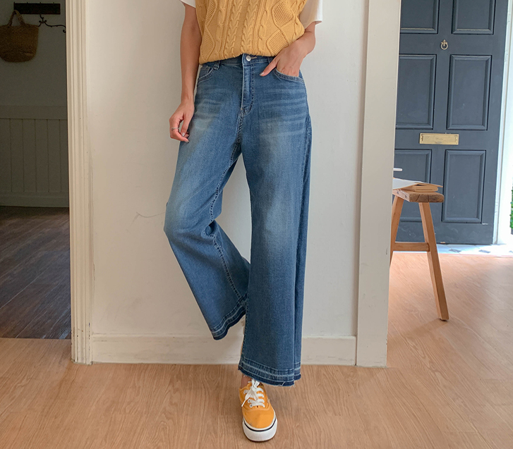 Two-tone Washing Cutting Denim Banding Wide Pants