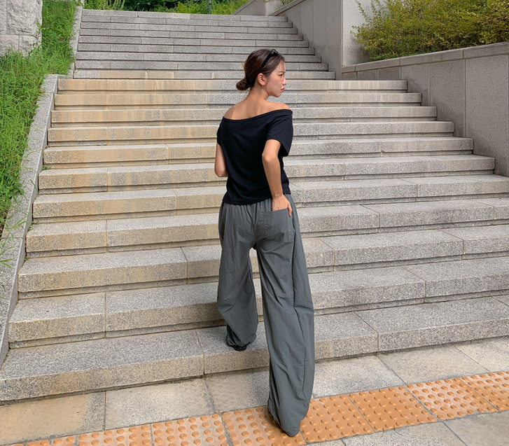 [Unisex] Hilter Nylon Eyelet Curve String Wide Pants
