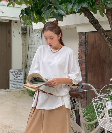 Silky Puff Sleeve Shirring Long T-shirts