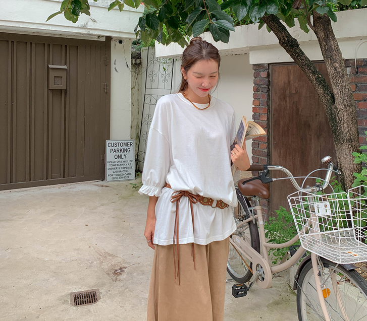 Silky Puff Sleeve Shirring Long T-shirts