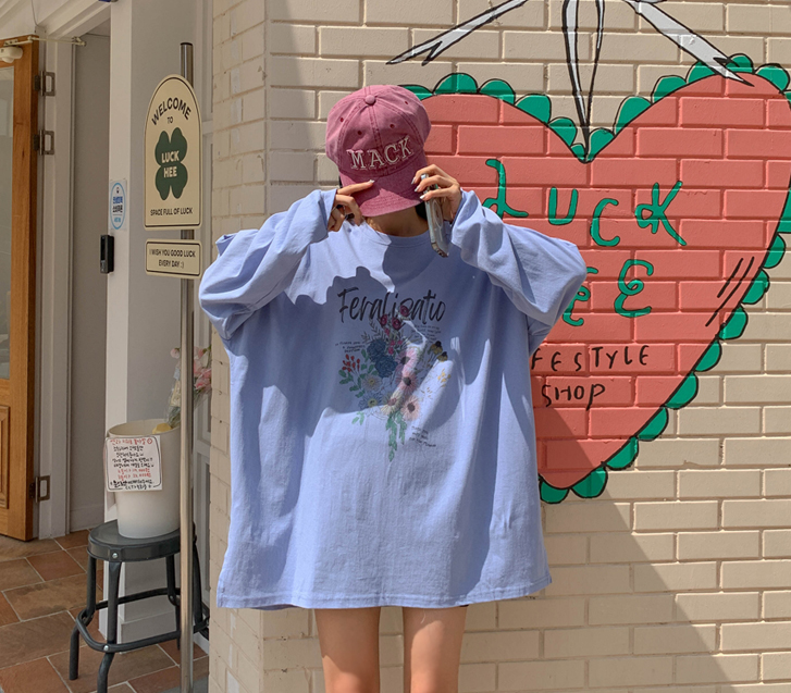 Flower printed slit Long-sleeve Long t shirts