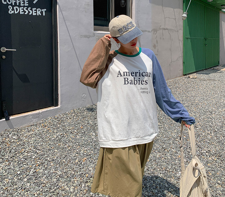American dyed color combination nagrang long-sleeved T-shirt