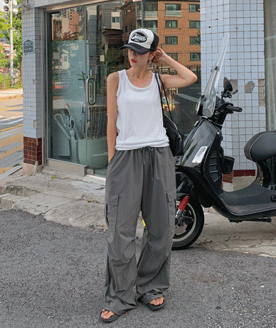 Millie Nylon Pintuck String Cargo Wide Pants