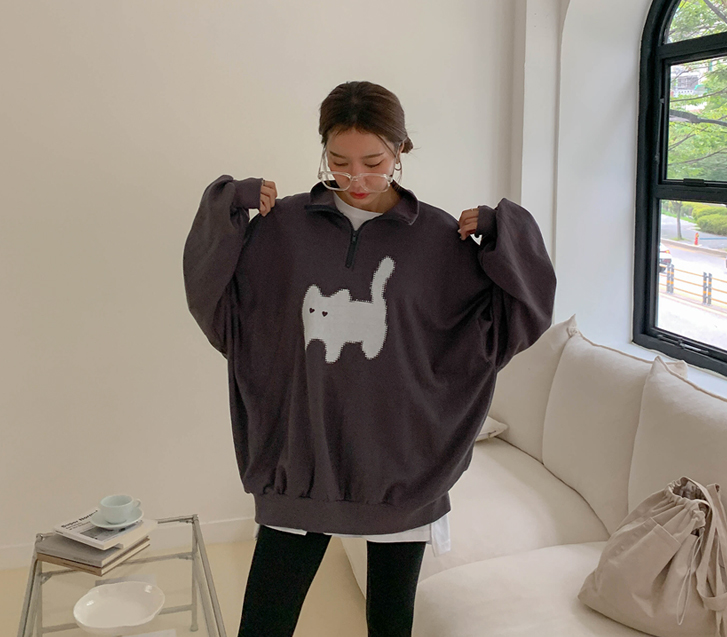 Heart Cat Nayeom Half-zip-up Long-sleeve Sweatshirt