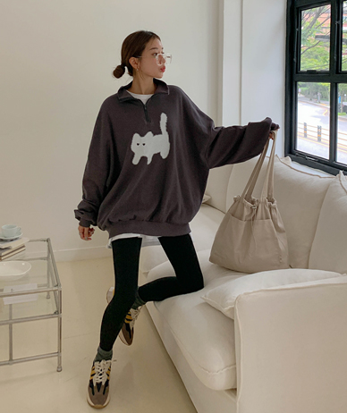 Heart Cat Nayeom Half-zip-up Long-sleeve Sweatshirt