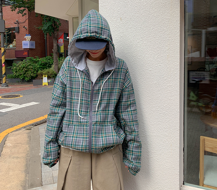 G.A.IN Check color combination string Hood Zip-up