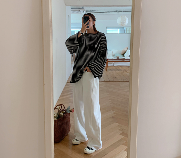 Mot diagonal cut banding straight wide pants