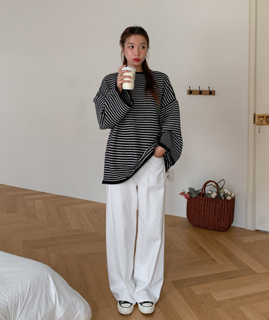 Mot diagonal cut banding straight wide pants