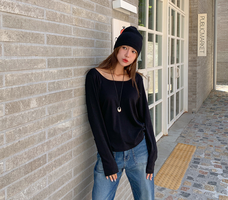Soft Wide U-Neck Long-sleeve T-shirt