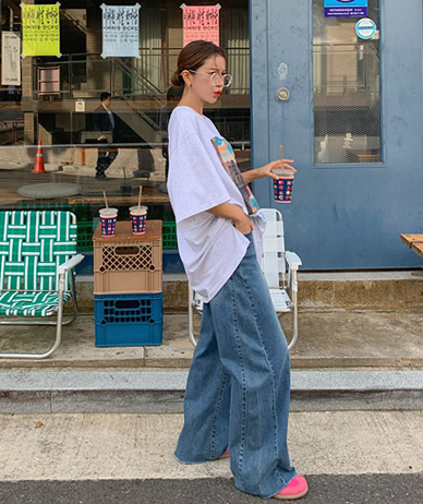 Tuna Diagonal Cut Hidden Banding Wide Denim Pants