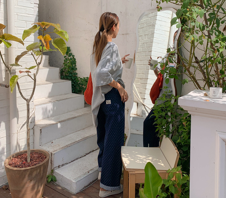 Selly Dot Patch Denim Banding Wide Baggy Pants
