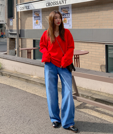 mocca denim banding semi-wide pants
