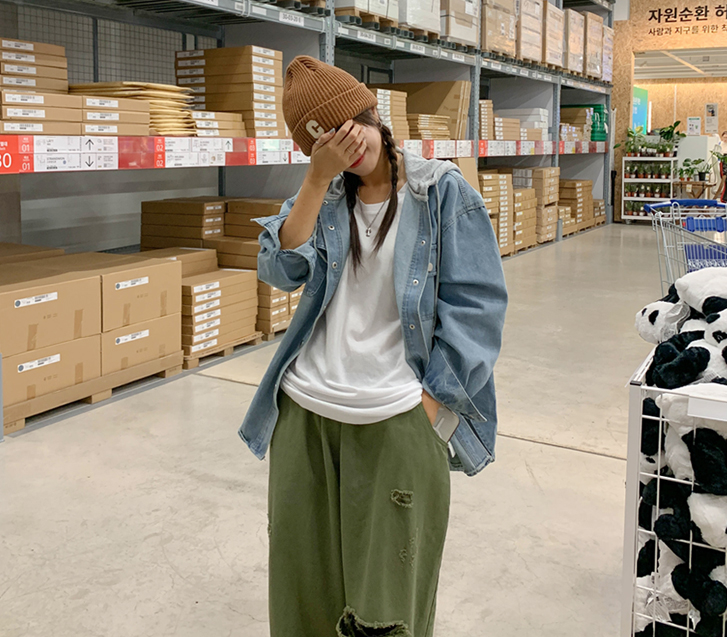 Etsu Hood color combination pocket denim shirt