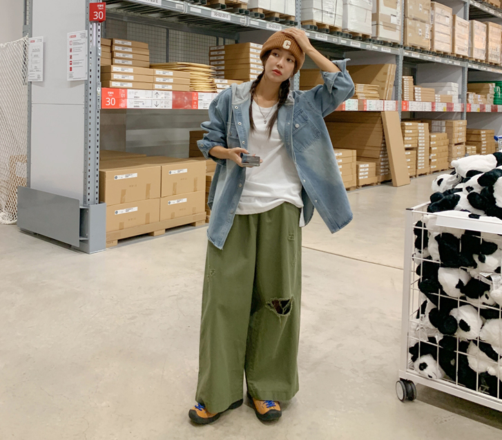 Muls Damage Cutting Banding Wide Pants