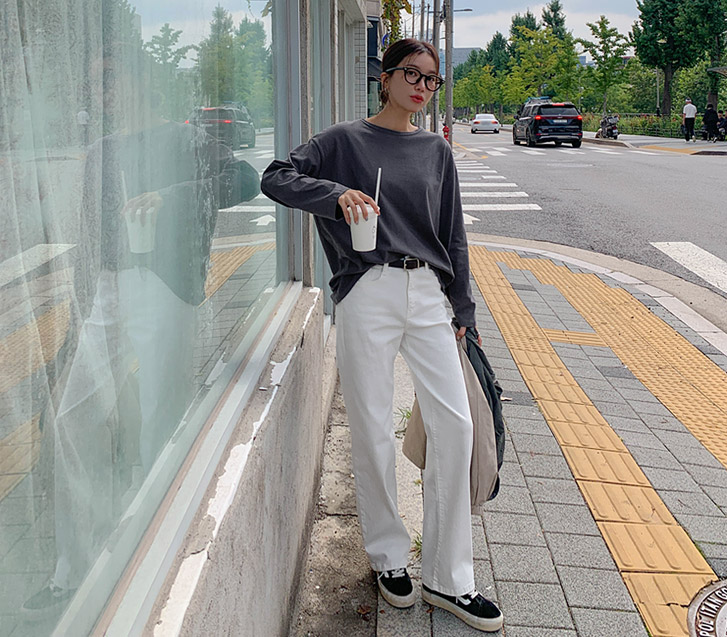 Belle Cotton Hidden Banding Straight Semi-Wide Pants