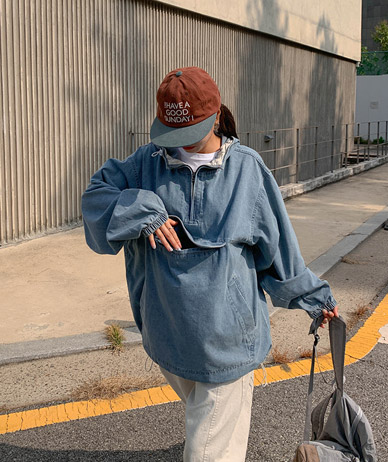 [Unisex] Neta Washed Pocket Denim Half-Zip Hood Anorak