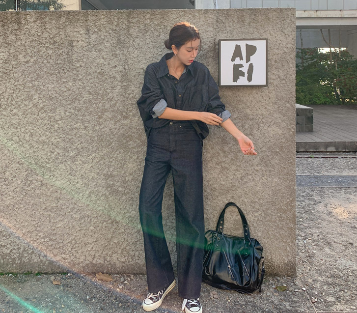 Sobe Non-Fade Denim Long-sleeve Shirt + Royco Denim Banding Straight Wide Pants