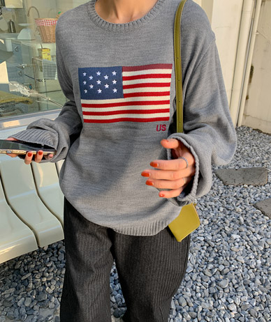 [Unisex] USA Intarsia Raund neck overfit knit