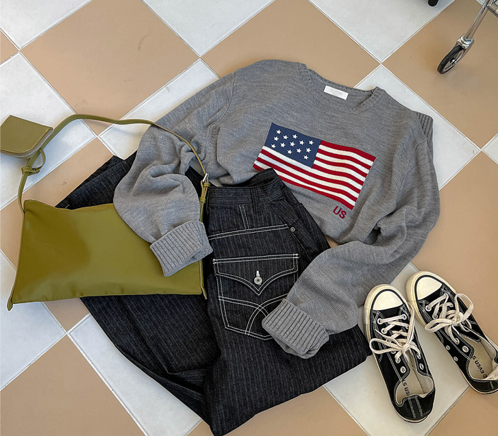 [Unisex] USA Intarsia Raund neck overfit knit