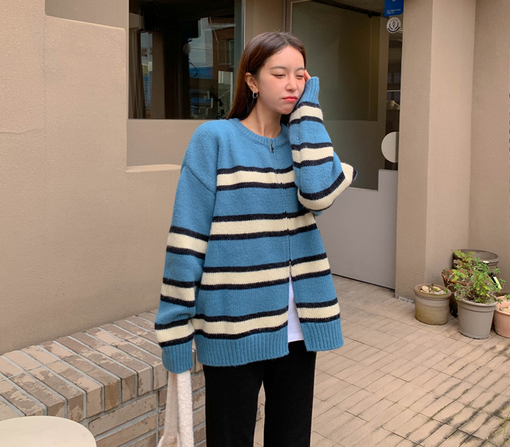 Leo color combination single-breasted two-way wool knit zip-up