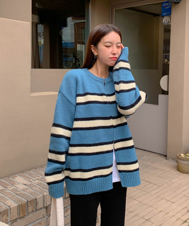 Leo color combination single-breasted two-way wool knit zip-up