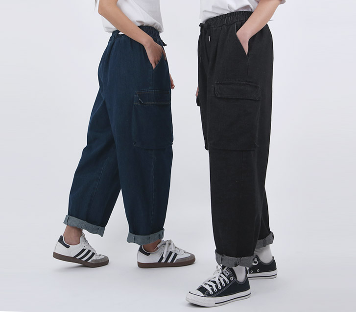 Bridge Washing Cargo Wide Denim Banding Exhaust Pants