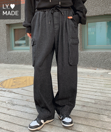 Bridge Washing Cargo Wide Denim Banding Exhaust Pants