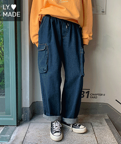 [Unisex]Bridge Washing Cargo Wide Denim Banding Baggy Pants
