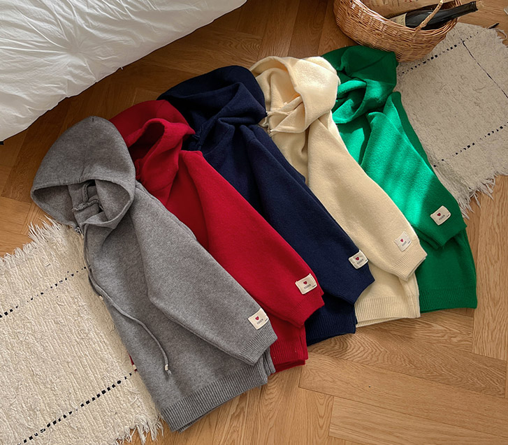 Heart Sleeve Patch Knit Hood Cardigan