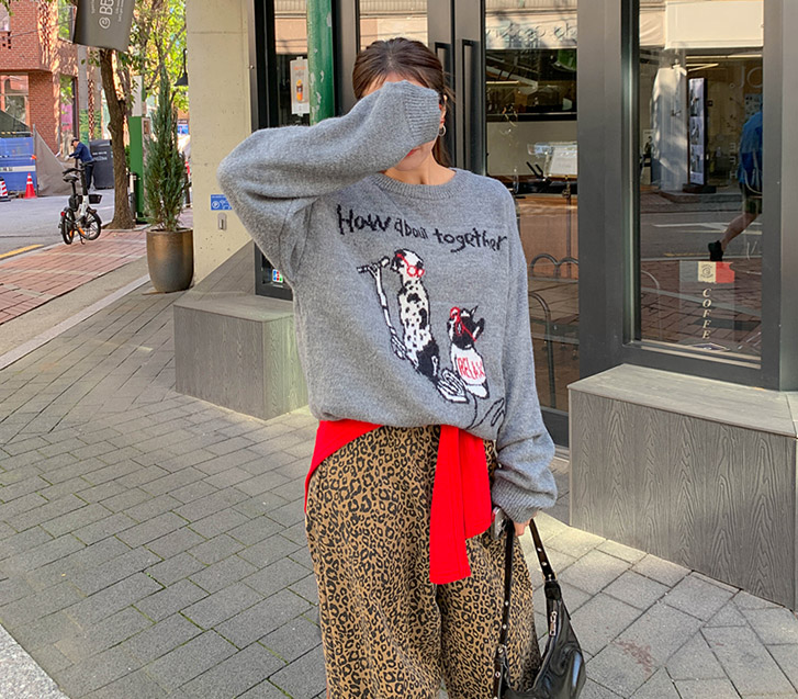 Dog printing Wool overfit Round neck Knit