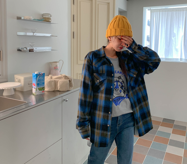 [Unisex] Western Pigment Peach Fleece Check Shirt