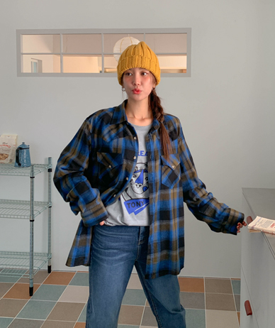 [Unisex] Western Pigment Peach Fleece Check Shirt
