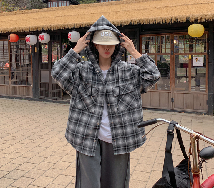 Mountain Outer Fleece Wool Check Hooded Shirt Shirt